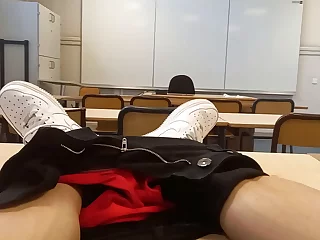 A naughty student indulges in self-pleasure during a revision session in a university classroom. The risk of getting caught adds an exhilarating thrill as he succumbs to his desires.